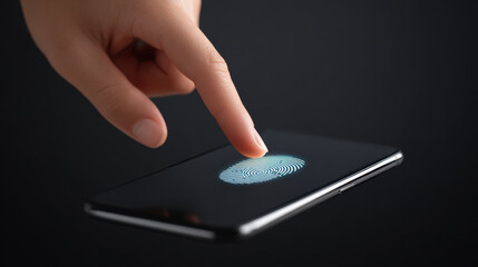 Close up of finger touching smartphone screen for secure biometric authentication. glowing fingerprint scanning provides access, digital identity verification and data protection