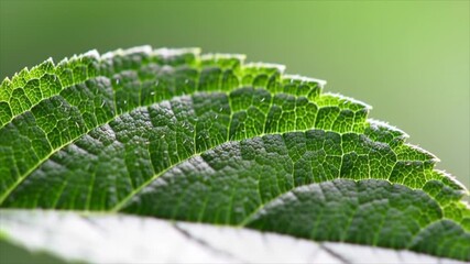 Detailed macro shot of a vibrant green leaf showcasing its intricate vein patterns and textured surface - Powered by Adobe