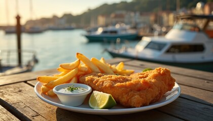 Crispy fried fish and golden french fries served with tartar sauce and lime on a plate. Enjoy this delicious meal with ocean view and boats at harbor. Perfect for seaside dining.