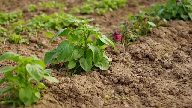 Dynamic Close-Up of Young Pepper and Basil Plants Thriving in a Fertile Garden Bed