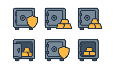 Secure vault icons with gold bars and shield elements in a flat style