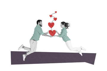 Composite trend artwork sketch collage of valentine day holiday date love bonding young couple lady man levitate hand hold heart thread