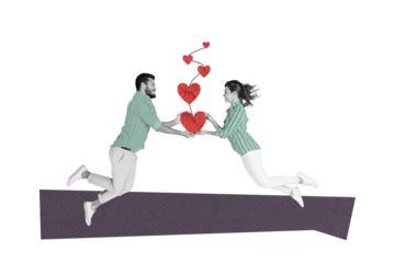 Composite trend artwork sketch collage of valentine day holiday date love bonding young couple lady man levitate hand hold heart thread