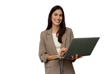Professional young businesswoman standing, working on laptop, smiling at camera, representing remote work and technology