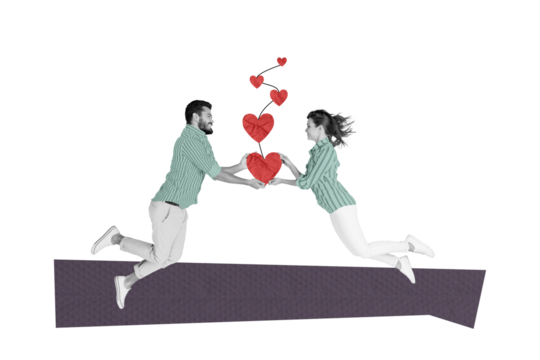Composite trend artwork sketch collage of valentine day holiday date love bonding young couple lady man levitate hand hold heart thread