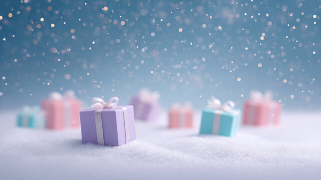 Magical, dreamy scene of pastel gift box and present in snow. beautiful winter christmas holiday celebration background with soft snowfall creating festive, cheerful mood - Powered by Adobe