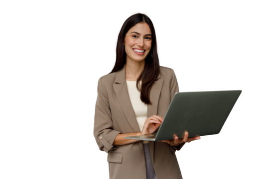 Professional young businesswoman standing, working on laptop, smiling at camera, representing remote work and technology