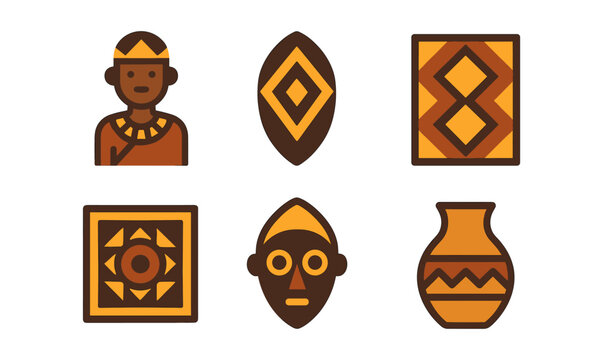 Tribal art icons: traditional patterns and cultural symbols in flat design