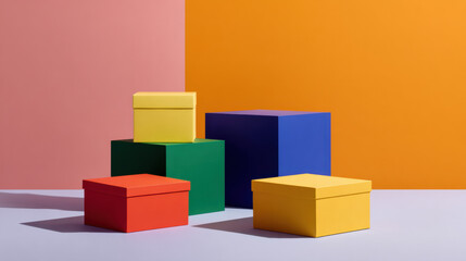 Obraz premium Playful and vibrant still life of colorful box, gift, and package arranged in modern geometric composition. present against simple colorful background for product display
