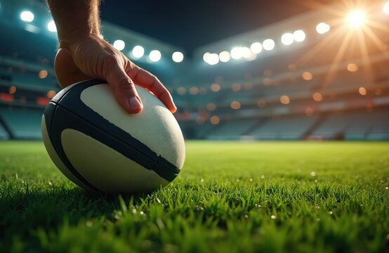 Hand places rugby ball on green grass in stadium. Bright stadium lights shine on sports field. Rugby player prepares for game or practice on rich turf.
