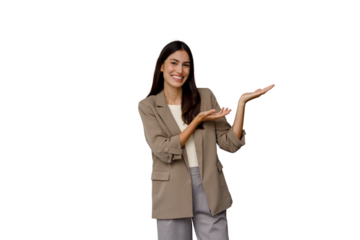 Smiling young businesswoman presenting concept with open hands, showing copy space, standing against transparent background