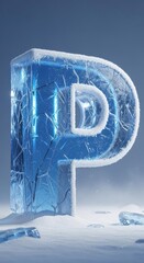 Icy Blue Letter P in Snow with Cracks and Snowflakes