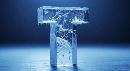 Icy Letter T Cool Blue Tone Cracked Ice Block Alphabet