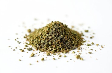 Close-up of dried oregano spice scattered on white surface. Rustic texture highlights natural color variations. Ideal for food photography, recipe development culinary branding. Represents wholesome