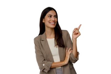 Smiling professional businesswoman pointing a finger up. Happy young woman gesturing, presenting a concept or message with transparent background