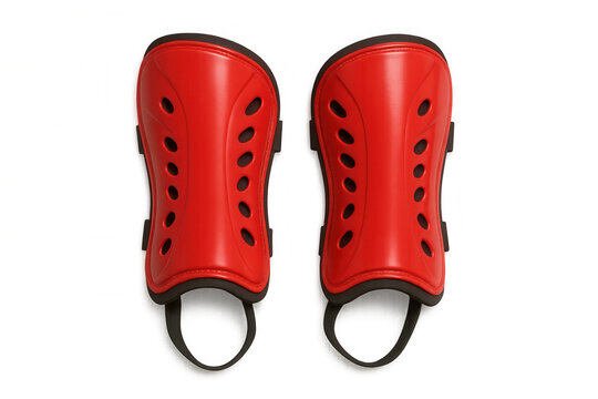 Pair of red soccer shin guards, essential protective sports equipment for players, on a transparent background - Powered by Adobe