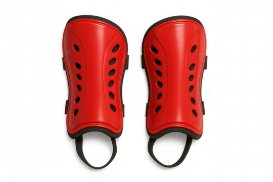 Pair of red soccer shin guards, essential protective sports equipment for players, on a transparent background
