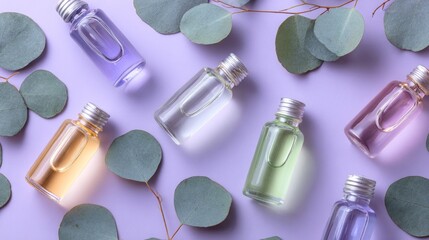 Small glass/plastic bottles filled with pastel colored essential oils/shower gels lie on a lavender surface among eucalyptus leaves, in a flat lay pattern with soft studio lighting, metal screw caps.