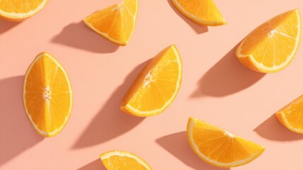 Bright orange slices and wedges are scattered across a peach background in even light, showing juicy textures, vibrant color, clean shadows, and a fresh citrus food or wellness concepts.