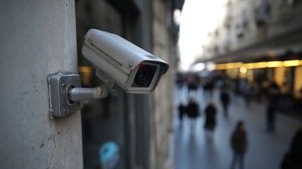 Outdoor cctv security camera with a glowing red lens is mounted on a concrete wall overlooking a busy city street, with pedestrians in soft focus and evening lighting suggesting active surveillance.