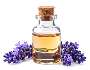 Elegant Studio Shot of Lavender Essential Oil in Clear Glass Bottle