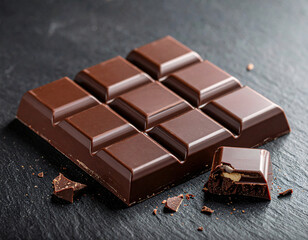 Rich Dark Chocolate Bar with Broken Pieces on a Stone Surface