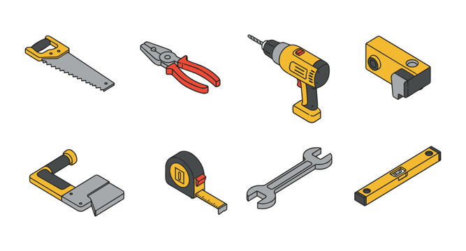 Set of isometric hand tools for construction and repair projects