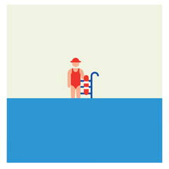 Flat illustration of a person in a red swimsuit and cap standing by a pool ladder