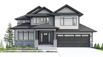 Naklejka premium Two-story house with driveway, green shrubs, and clear background, for real estate