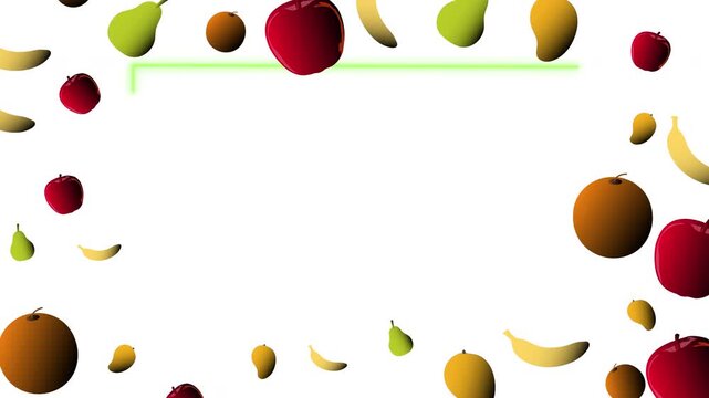 Colorful background border made of fresh organic fruits with a glowing rectangular copy space for nutrition and diet themes