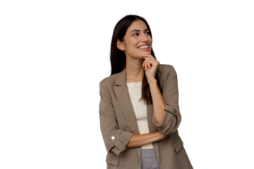 Confident businesswoman smiling, thinking about future success and opportunities with hand on chin, transparent background