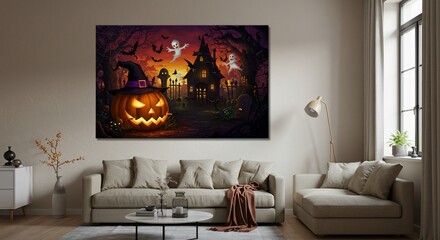 Spooky Halloween Artwork Displayed in a Modern Living Room Interior.