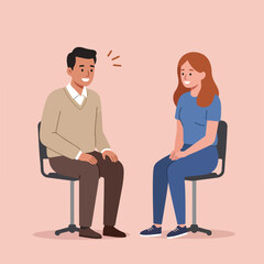 Two smiling people sit on chairs, facing each other, in a conversation