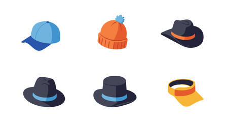 Collection of various stylish hats and caps in isometric design