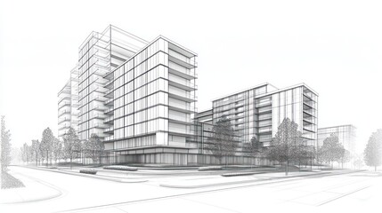 Modern apartment complex architectural design, city street view, construction planning