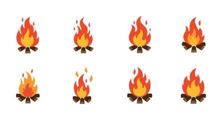 Various campfire designs: colorful flames in simple style