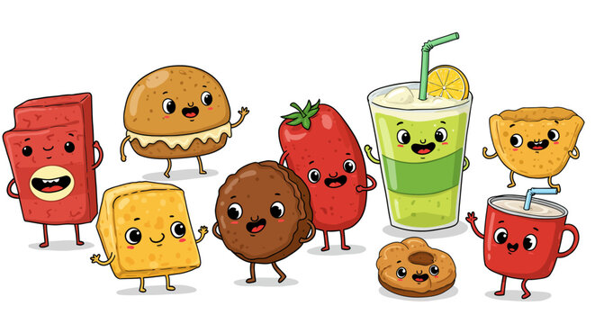 Adorable cartoon food characters with happy faces and cute expressions