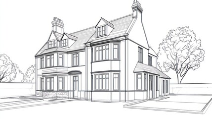 Line drawing of house with trees in background for architectural plans or design concept