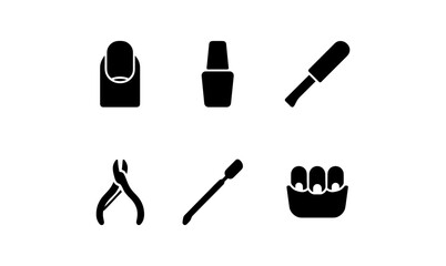 Essential manicure icons: nail polish, clippers, file, and tools in modern silhouette style