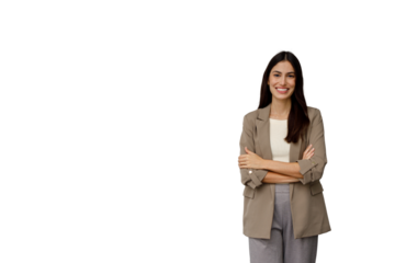 Confident businesswoman smiling with arms crossed, portraying professional success and leadership on transparent background