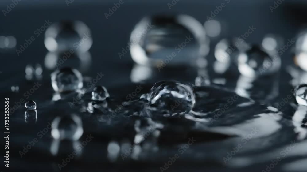 Wall mural dynamic water droplets flow and merge across a smooth, reflective surface in ultra slow motion merge
