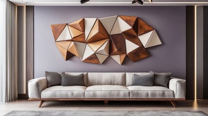 Modern living room with geometric wall art, sofa, and elegant decor