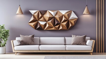 Modern living room with geometric wood art