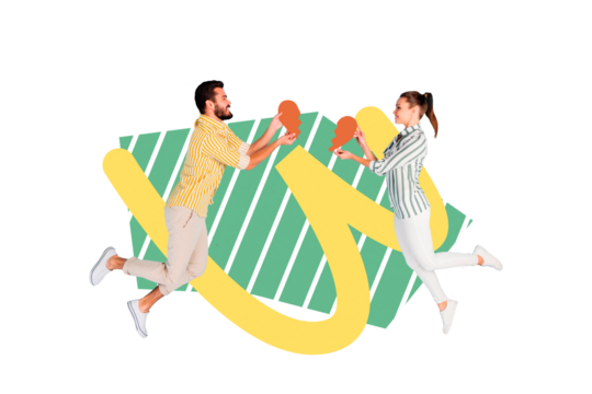 Trend artwork poster composite sketch image collage of valentine day young man couple lady fly hand hold piece match heart shape fragment