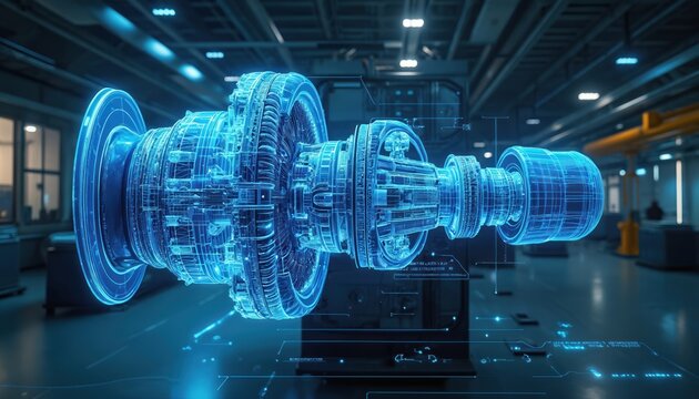 Cross section blueprint of turbine engine. Detailed industrial illustration of advanced tech. Engineering blueprint shows internal structure of jet. Turbine components displayed for aviation,