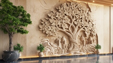 Carved tree wall art, indoor, with potted plants, background lit up. Decoration