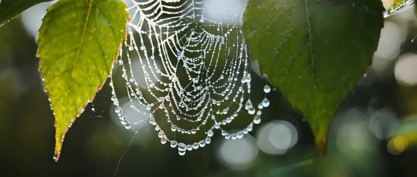 A magical macro shot of a dew-covered spider web on a plant, with water droplets sparkling like jewels in the morning light. Intricate and beautiful.