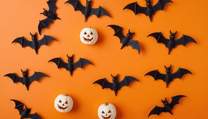 Motivo a tema Halloween composto da pipistrelli neri di plastica e mini-zucche bianche sorridenti disposti su uno sfondo arancione brillante.