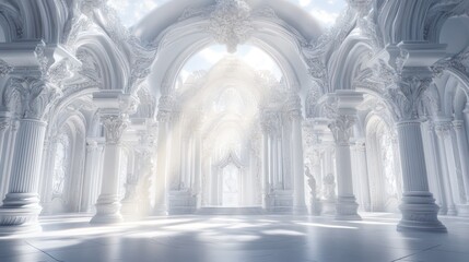 White hall with pillars, light, and arches, ideal for fantasy or futuristic scenes