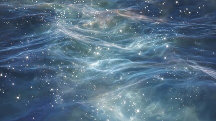 Shimmering blue liquid surface ripples with soft light trails and star like sparkles, forming a celestial ocean texture that blends water and galaxy aesthetics. dreamy background motion graphics.
